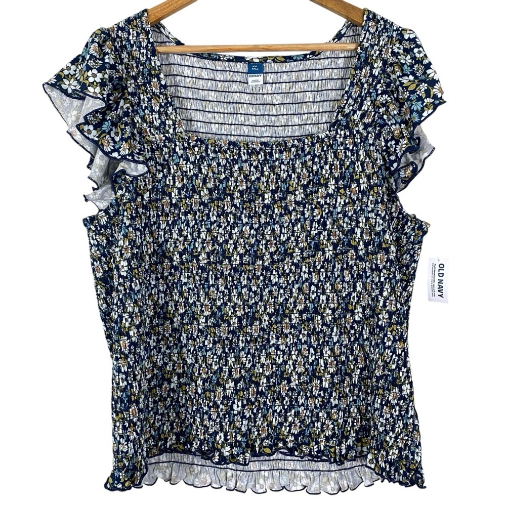 Old Navy Womens Top Size XXL Tall Peasant Ruffle Sleeve Square Neck Smocked